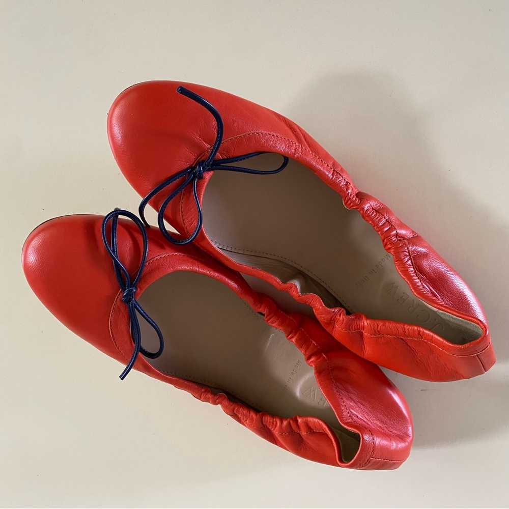 J. Crew Emma Orange Leather Ballet Flats with Navy Blue Bows
